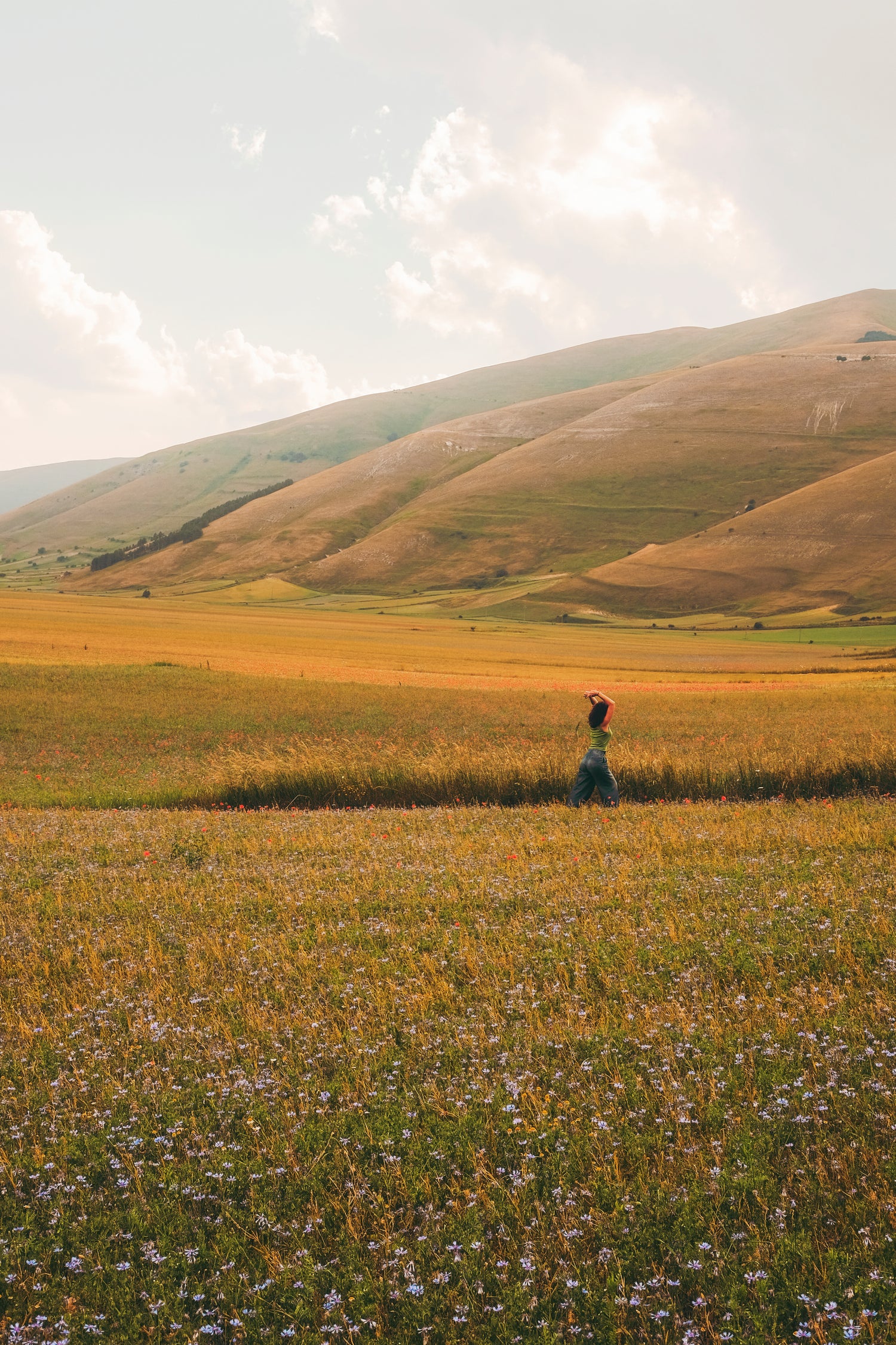 girl in open field of flowers 